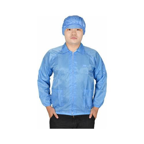 Women Men Blue Elastic Cuff Patch Pockets Anti Static ESD Lab Smock Coat L