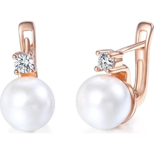 Womens Elegant White Simulated Pearl Stud Earrings Cubic Zirconia CZ 585 Rose Gold Filled Earrings For Girls Jewelry Gift GE128A
