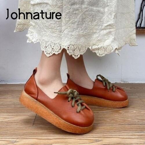 Johnature Genuine Leather Pumps Women Shoes Lace-Up 2021 New Retro Round Toe Handmade Comfortable Concise Leisure Platform Shoes