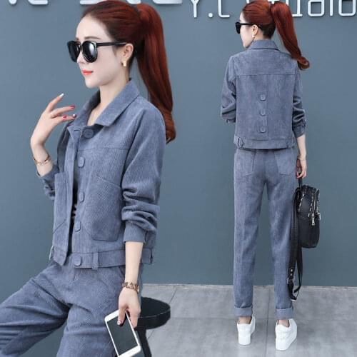 Women sets women jacket and pants corduroy women clothing tops and trousers korean style slim spring/autumn clothing