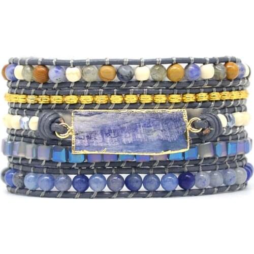 Natural Stone Leather Bracelet Exquisite Mix Stones Women Fashion 5 Layers Wrap Bracelet Dropshipping