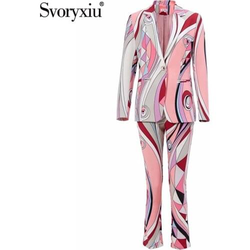Svoryxiu New Fashion Runway Autumn Office Lady Two Piece Set Womens Long Sleeve Single Button Print Blazer + Pants Suit XXL