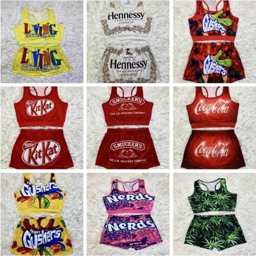 Womens Candy Casual Sports Outfit Pattern Printed Suspender Trousers Two-Piece Lounge Wear Shorts Pants Set Womens Tracksuit