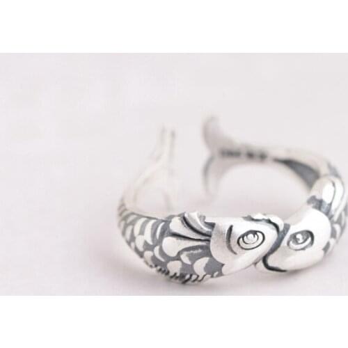 Vintage Goldfish Elegant 925 Sterling Silver Temperament Personality Fashion Female Trendy Resizable Opening Rings SRI040