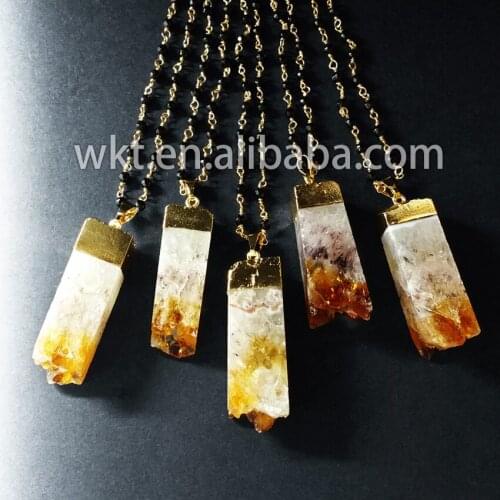 WT-446 Perfect Women Gift Gold electroplated Chain Black beads Natural yellow stone necklace Free Shopping