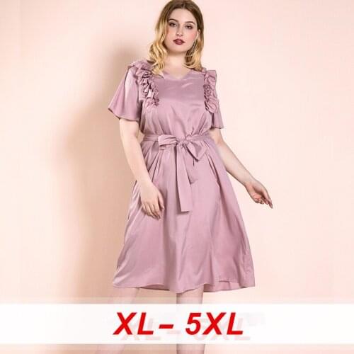 Summer OL V Neck Short Sleeve Hem Trim Ruffled Dresses Women Plus Size Office Lady Loose Elegant Casual Large Belted Long Dress