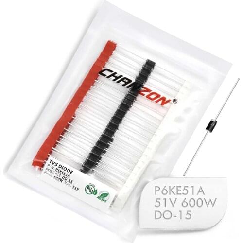 50 Pcs) TVS Diodes P6KE51A P6KE51 600W 51V DO-15 (DO-204AC) Axial Unidirectional Channel 600 Watt 51 Volt