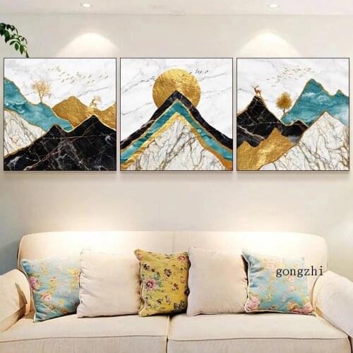 Golden Elk Abstract Mountain Marble Pattern Poster Natural Scenery Canvas Painting Print Wall Art Picture for Bedroom Home Decor