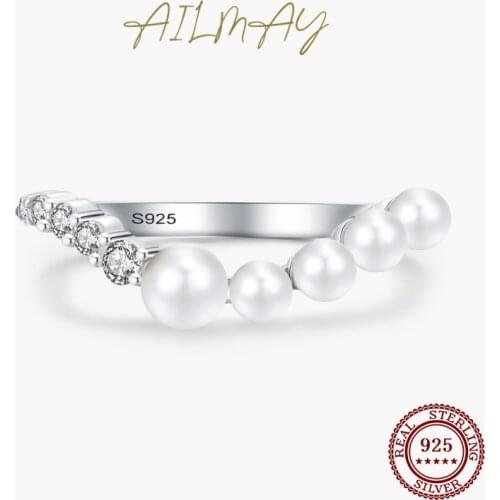 Ailmay 925 Sterling Silver Fine Elegant Water Drop Shell Pearl Rings Cubic Zirconia For Women Luxury Wedding Engagement Jewelry