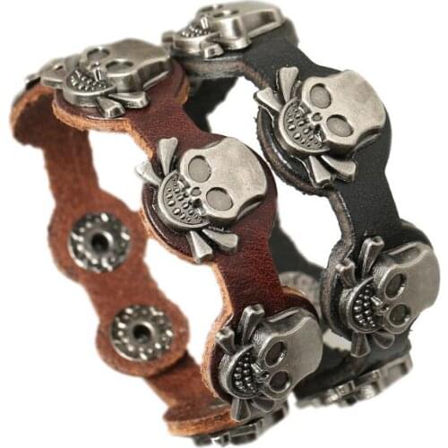 Punk Gothic Men Bracelet Cuff Vintage Rock Skull Beads Charm Black Brown Leather Bangle Wrap for Women Wristband Fashion Jewelry