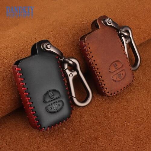 Dandkey Leather 2 Buttons Car Key Case For Toyota Camry Crown Land Cruiser Prado 150 Prius Highlander Car Key Bag Keychain Cover