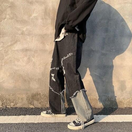 Stitching Raw-edged Jeans Mens Trend Loose Straight Pants Wide-leg Black Japanese Harajuku Washed Denim Pants Hiphop Streetwear