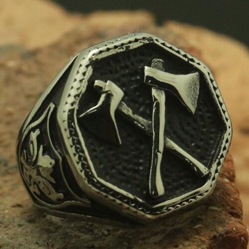 Cool Men Boy 316L Stainless Steel Two Axes Cool Black Eight Side Shape Ring Rock Party Best Gift Free Shipping