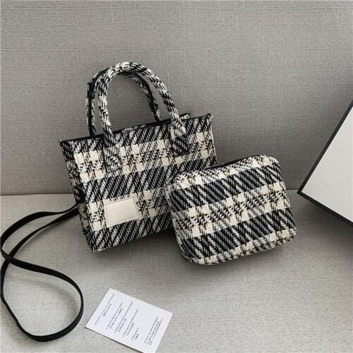 Fashion Women Plaid Shoulder Bags Woolen Cloth Contrast Color Ladies Messenger Bags Large Capacity Female Tote Purse Handbags