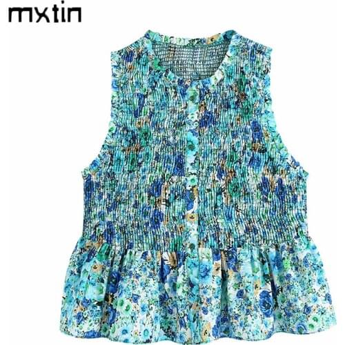 MXTIN 2021 Women Summer Vintage Floral Print Ruffles Waistcoat Fashion Leeveless O-Neck Single Breasted Female Vest Chic Tops