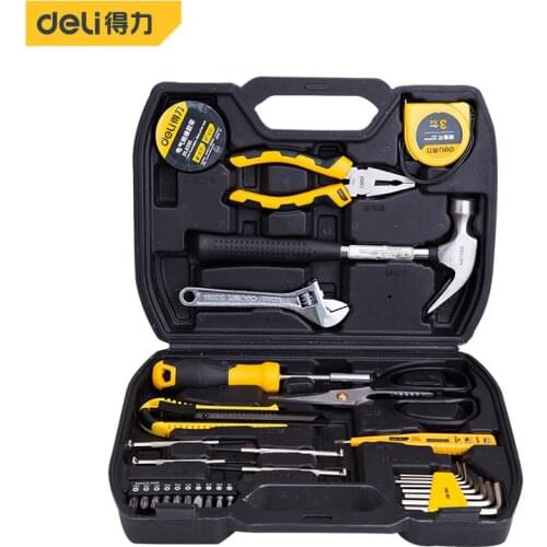 Deli Household Tool Set DIY Hand Tools Home Toolbox Repair Measure Tape Ruler Scissors Wrench Screwdriver Digital Display Pen