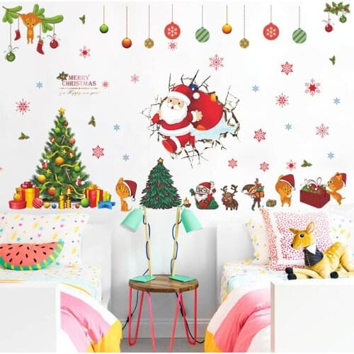 Merry Christmas Snowflakes Wall Stickers Window Glass Home Decals Santa Claus Deer Gifts PVC Living Room Mural Art Posters