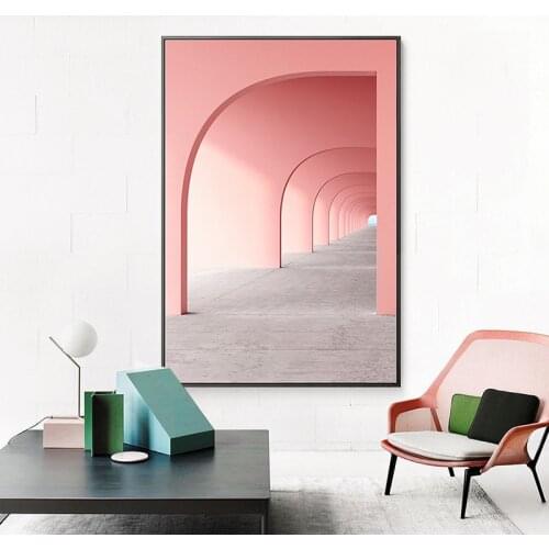 Charming Pink Building Art Wall Posters Modern Nordic Architecture Corridor Canvas Prints Room Decor Pictures Wall Paintings