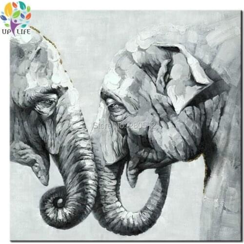 Hand painted old couple elephant oil painting on canvas gray wall art animal forever love present special gift for parents