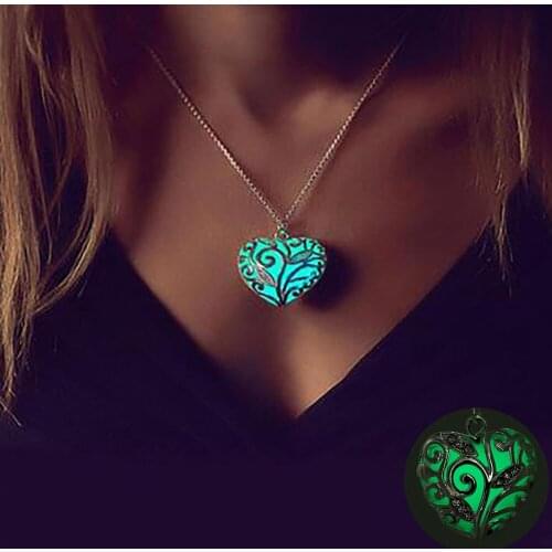 Imixlot In The Dark Stone Luminous Pendant Crystal Hollow Heart Pendants Necklaces For Women Men Jewelry Halloween Gifts