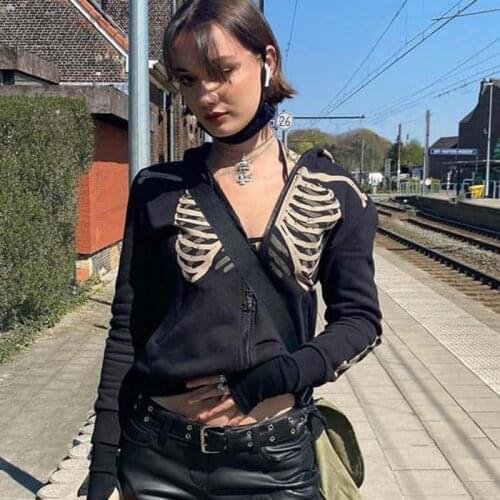 90s Streetwear fashion Hoodies Y2k skull bones gothic Hoodies autumn winter jacket coat sweatshirts long sleeve oversized hoodie