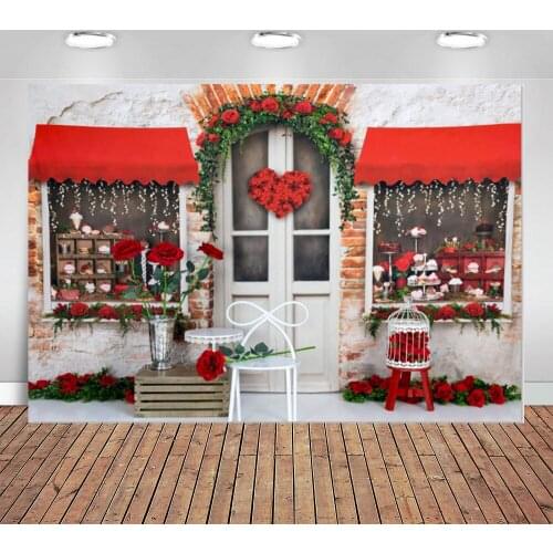 Photography Backdrops Red Rose Flowers Bakery Shop Store Arch Door Valentine Day Romantic Custom Photo Backdrop Background Vinyl