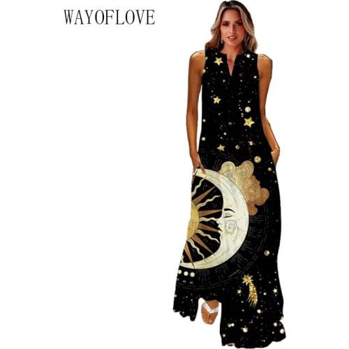 WAYOFLOVE Moon Star Print Black Dress 2021 Elegant Casual Plus Size Long Dresses Summer Woman Sleeveless Girls Beach Dress Women