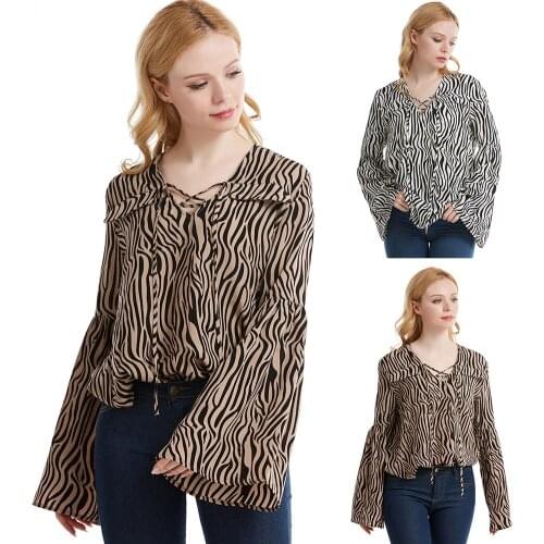 Women blouses 2020 summer Fashion Striped Long Wide Sleeve Lace Up Shirt Casual Loose Fit Top Blouse XL Ladies Shirt