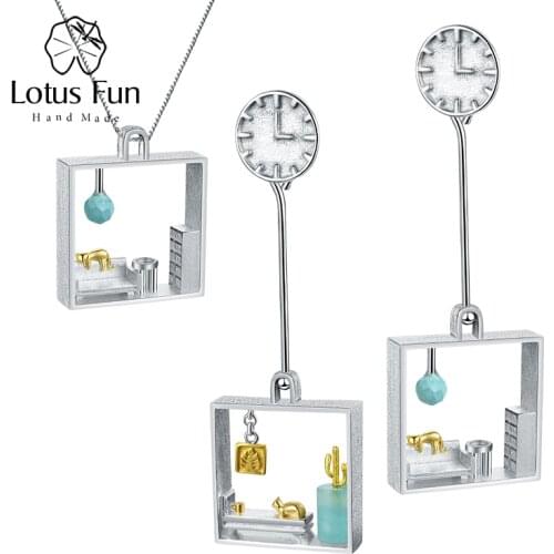 Lotus Fun Big Lazy Cat at Home Jewelry Set with Dangle Earring Pendant Necklaces for Women 925 Sterling Silver Square Jewelry