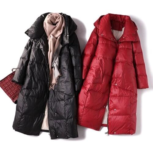 FMFSSOM 90% White Duck Down Jacket Women Lightweight Hooded Long Down Coat Red Big Pocket Warm Winter Windproof Outwear