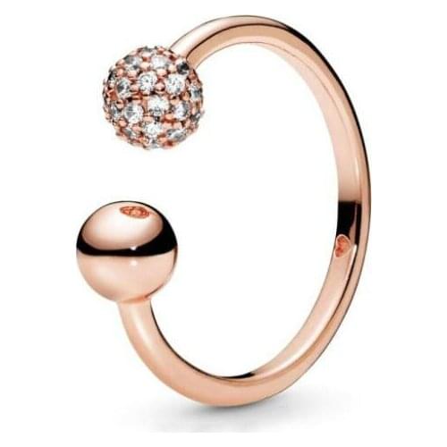 925 Sterling Silver Pandora Ring Rose Polished & Pave Bead OPen Ring With Crystal For Women Wedding Party Fashion Jewelry