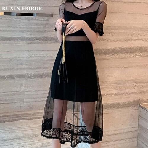 Round Neck Mesh Stitching Trumpet Sleeve Fashion 2021 Summer Ladies New Mid-Length Style Elegant High Waist Comfortable Dress