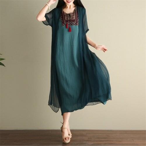 2020 Summer Folk style Embroidery Large Size Loose Dress Female Casual Short-sleeved Cotton Linen Dress for Women Vestidos z656