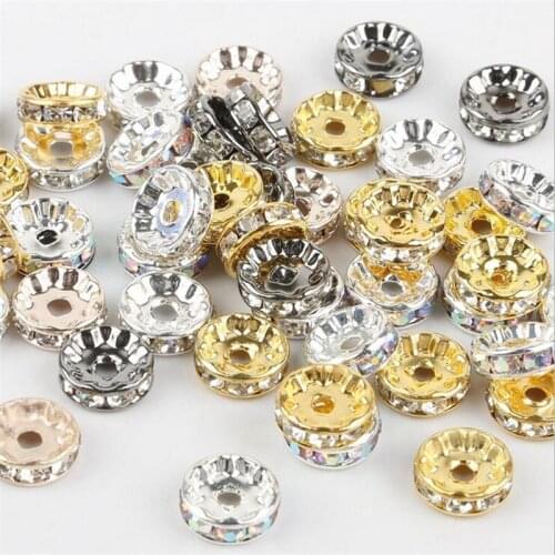 50Pcs/lot 6/8/10MM Gold Sliver Black Color Crystal Rhinestone Rondelles Loose Spacer Beads For DIY Jewelry Making Accessories