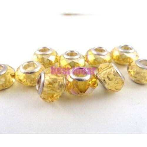 Free Shipping 50pcs gold Cut &Faceted Glass Beads Big Hole Fit European Charms Bracelet 14x8mm