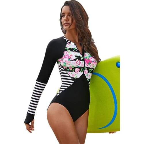 Women Swimwear Long Sleeve Rashguard One Piece Printed Sexy Padded Swimsuit Bathing Swimming Suit Zipper Surf Rash Guard