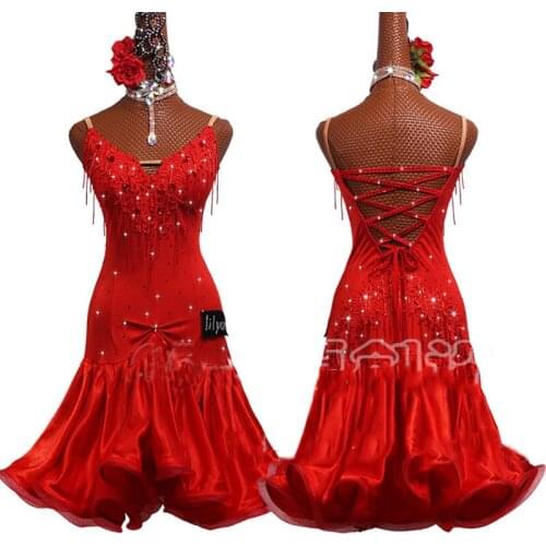 Hot Selling Latin Dance Competition Dresses Women Fringe Dress Prom Dance Costume Celebration Red Dress Customized Dance Dress