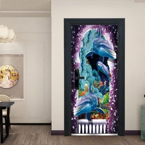 Creative Kawaii Cartoon Dolphin Door Stickers For Bedroom Livingroom Wooden Door Renovation Waterproof Mural Sticker Decorative