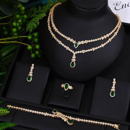 Missvikki 4PCS Luxury Women Dubai Wedding Jewelry Set Naija Party Cubic Zirconia Bicolor Necklace African Bridal Dress Jewelry