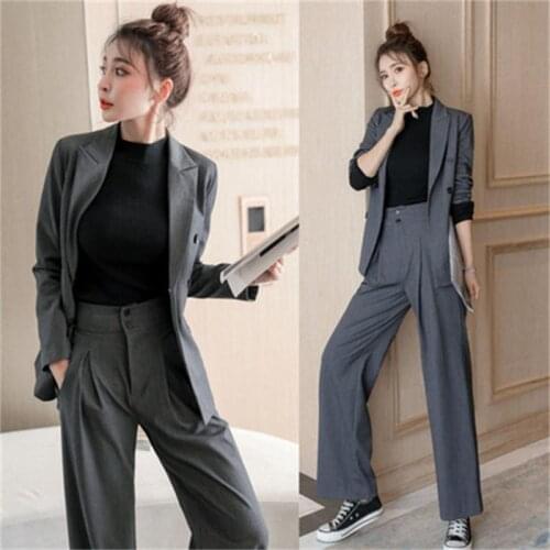 Fashion Office Women Suits & Long Pants Suits New Grey double breasted Blazer Jacket and PWide leg pants Two-piece set women