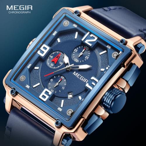 Megir Mens Watches Blue Leather Strap Quartz Watch for Man Square Dial Chronograph Wristwatch montres hommes orologi часы reloj