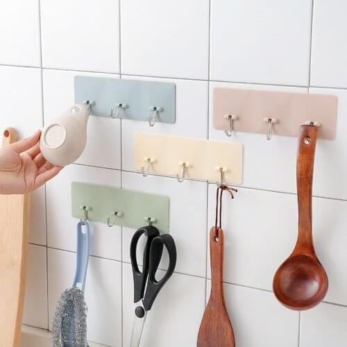 Wall-Mounted Creative Hook Kitchen Bathroom Waterproof Strong Self-Adhesive 3 Continuous Hooks Free Perforated Door Hanger Hook