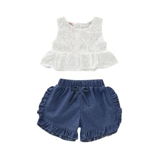 Toddler Girl Clothes Newborn Infant Baby Girls Lace Tops Shirt+Ruffle Jeans Shorts Outfits Set