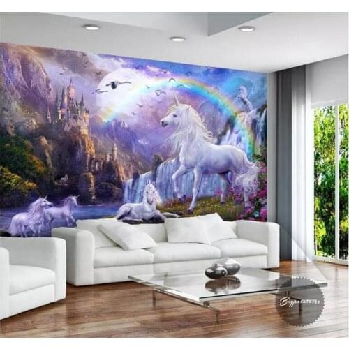 Custom 3d photo wallpaper 3d wall mural wallpaper Blue sky rainbow waterfall white horse animal landscape paintings 3d wallpaper