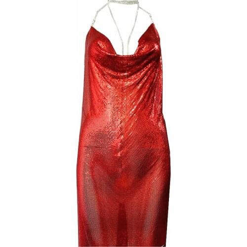 YACKALASI Sex Club Women Party Dress Red Metal Mesh Kendall Jenner Spaghetti Strap Sheath Hollow Out Spark Diamond Halter