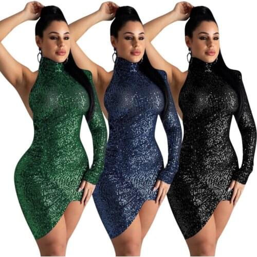 Sexy Womens One Sleeve Sequin Bodycon Mini Dress Evening Cocktail Party