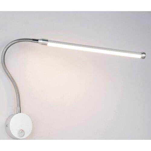 Modern 6W LED Reading Wall Lamps With Knob Switch ac90-260V Bedside Reading Lamp Silver Light Body 360 Degree Angle Adjustable