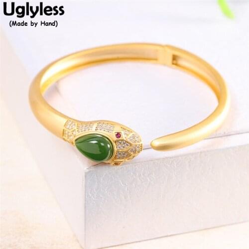 Uglyless Handmade Vivid Snake Bangles for Women Luxury Gold Animals 925 Silver Opening Bangles Natural Jasper Jewelry Crystals
