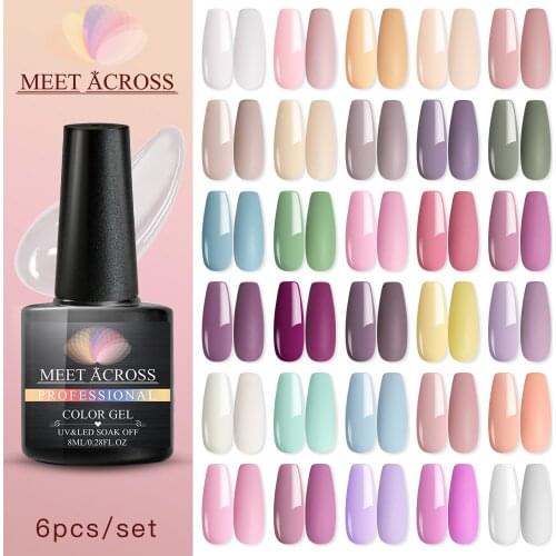 MEET ACROSS 6pcs Pure Gel Polish Set Sping UV Vernish Semi Permanent Base Top Coat 8ML Soak Off Varnish Nail Art Gel Lak Nails