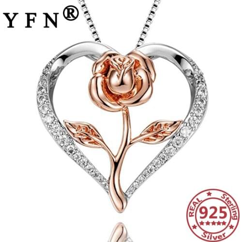 YFN 925 Sterling Silver Heart Rose Necklace Crystal Zircon Pendant Necklace Valentines Day Gift Mothers Day Gifts 2020 Jewelry